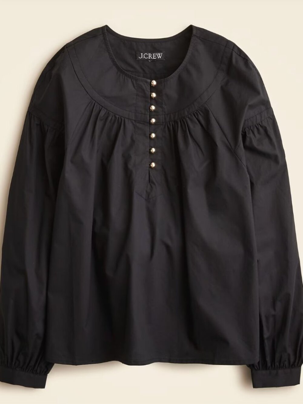 J Crew: Black Shirred popover top in cotton poplin